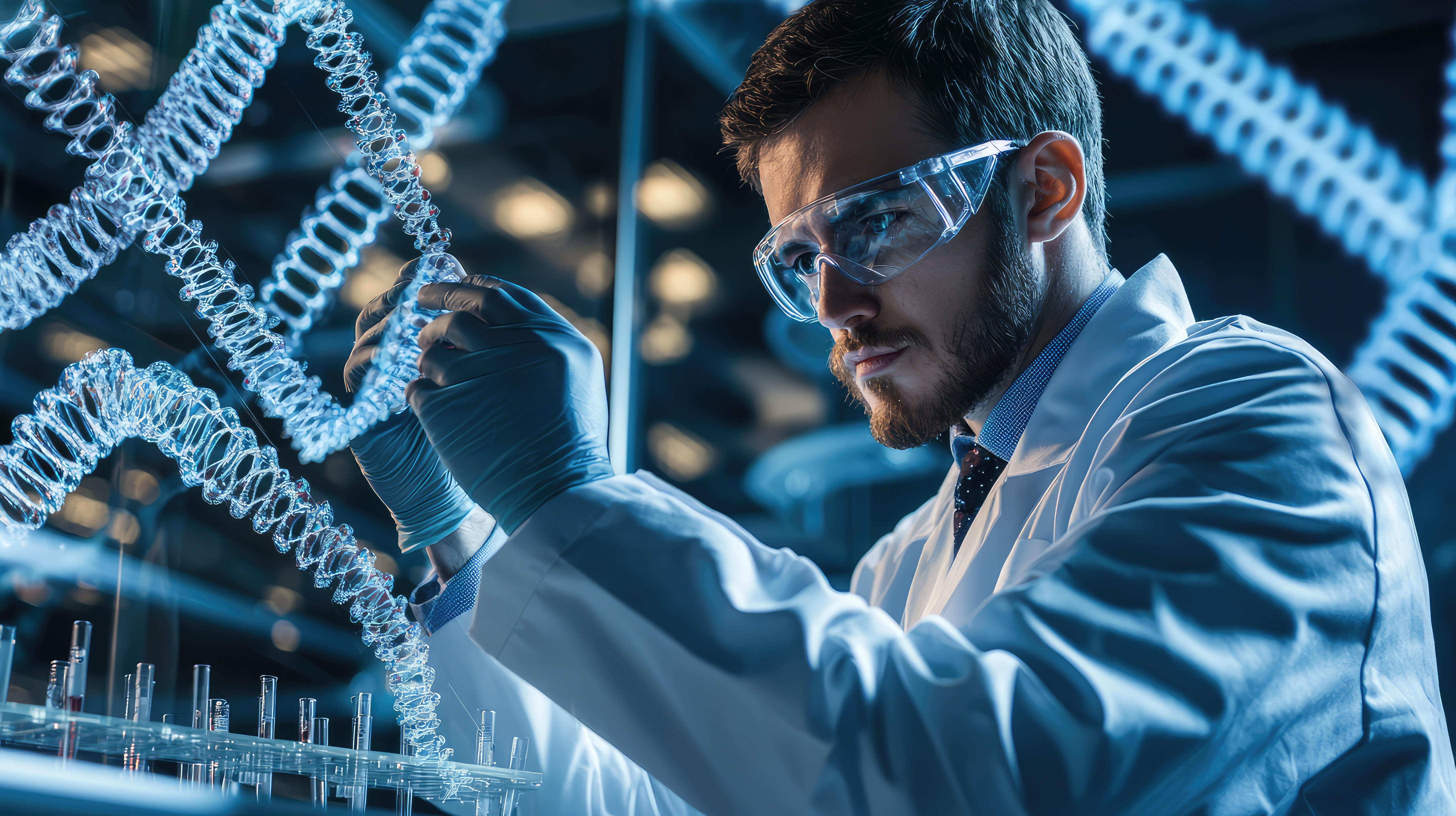 Focused Scientist Lab Coat Examining Molecular Structures With Advanced Equipment Showcasing Intrigue Scientific Research